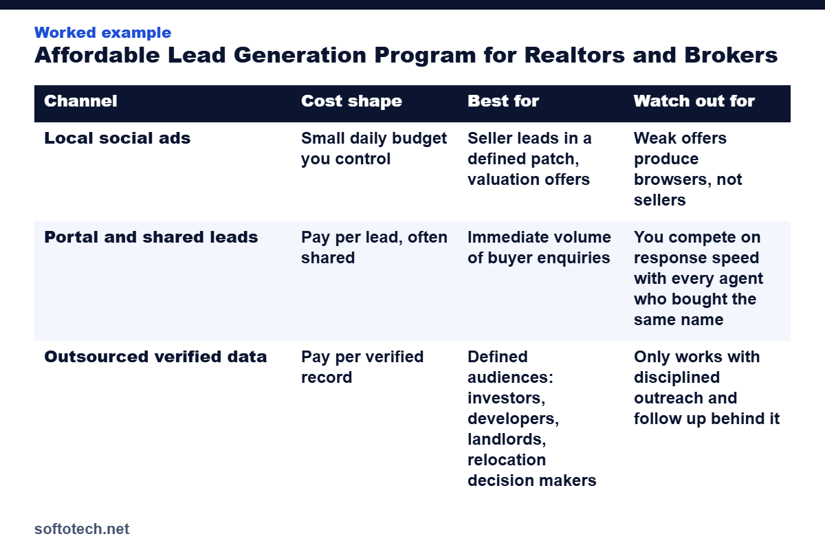 Worked example table from the guide: Affordable Lead Generation Program for Realtors and Brokers (2026 Guide)