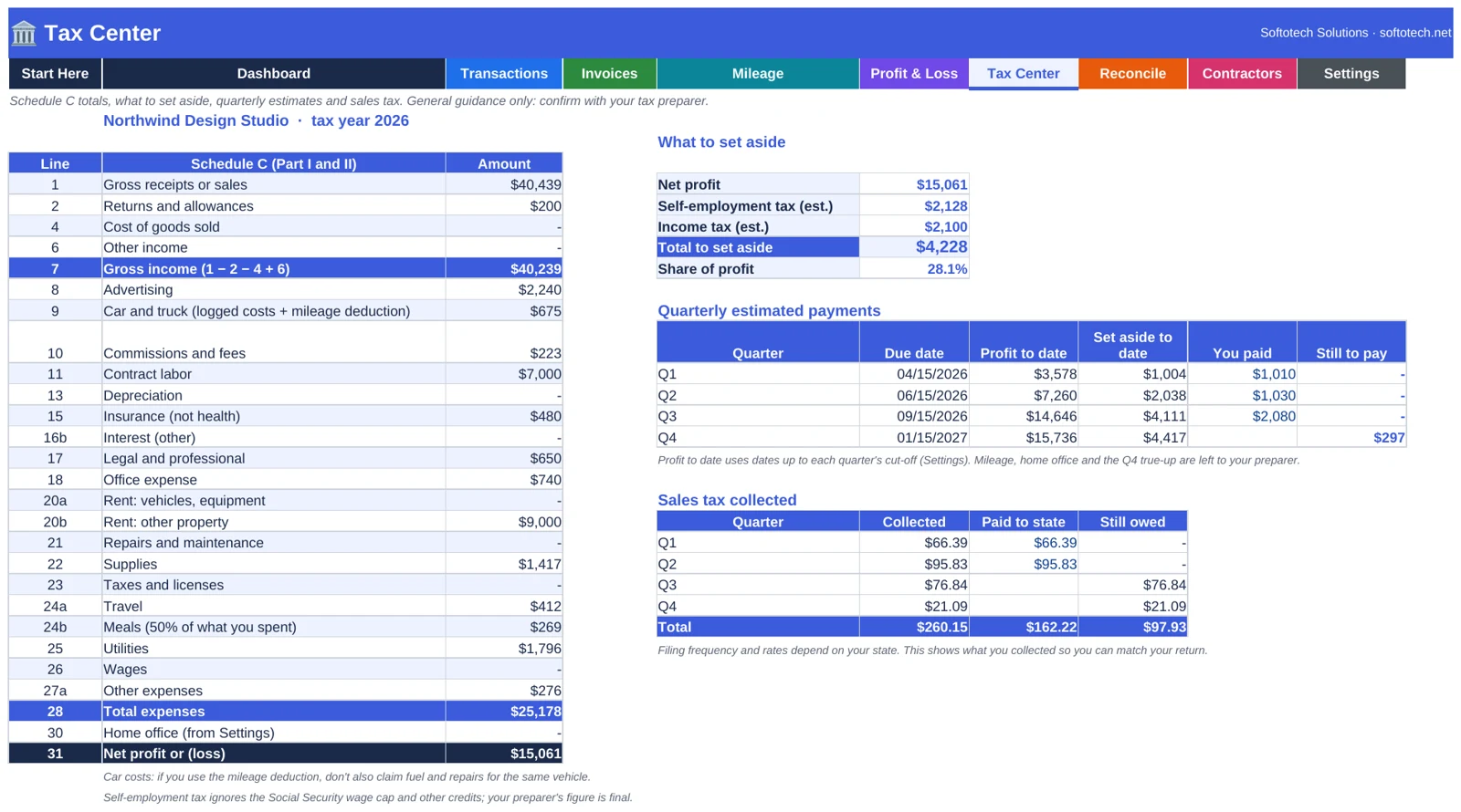Tax Center with Schedule C totals, tax set-aside and quarterly estimated payments