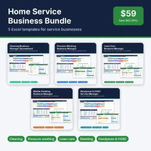 Home service business bundle: five Excel templates for cleaning, pressure washing, lawn care, detailing and handyman