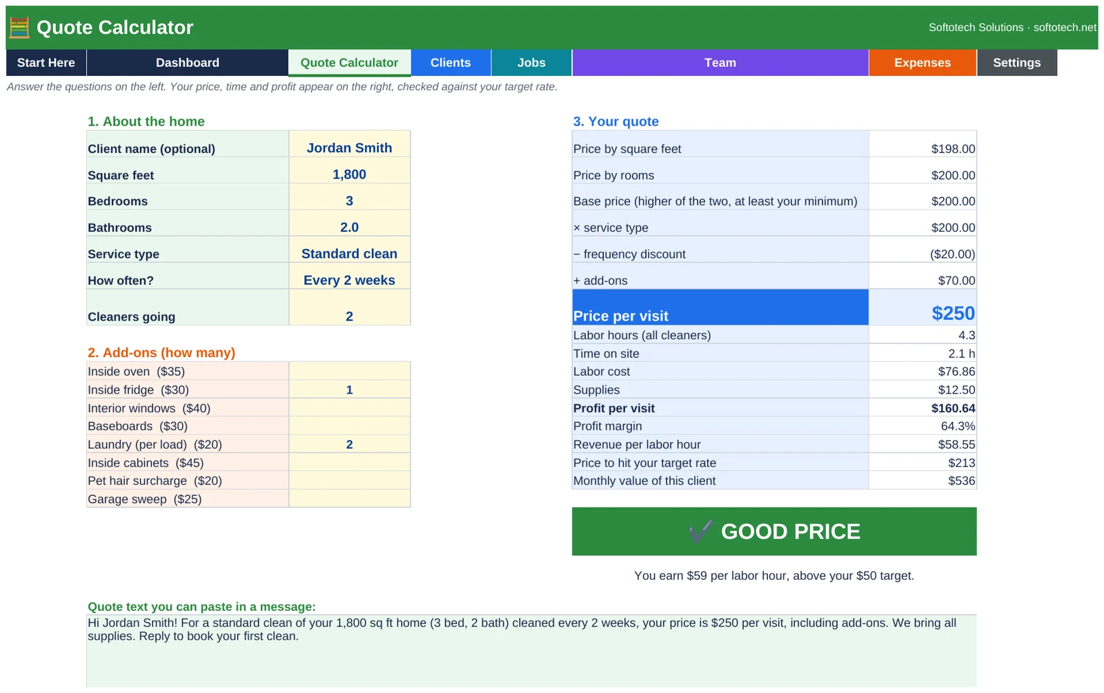 House cleaning quote calculator with price, hours, profit and good price check