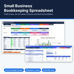 Small business bookkeeping spreadsheet cover showing dashboard and tax center