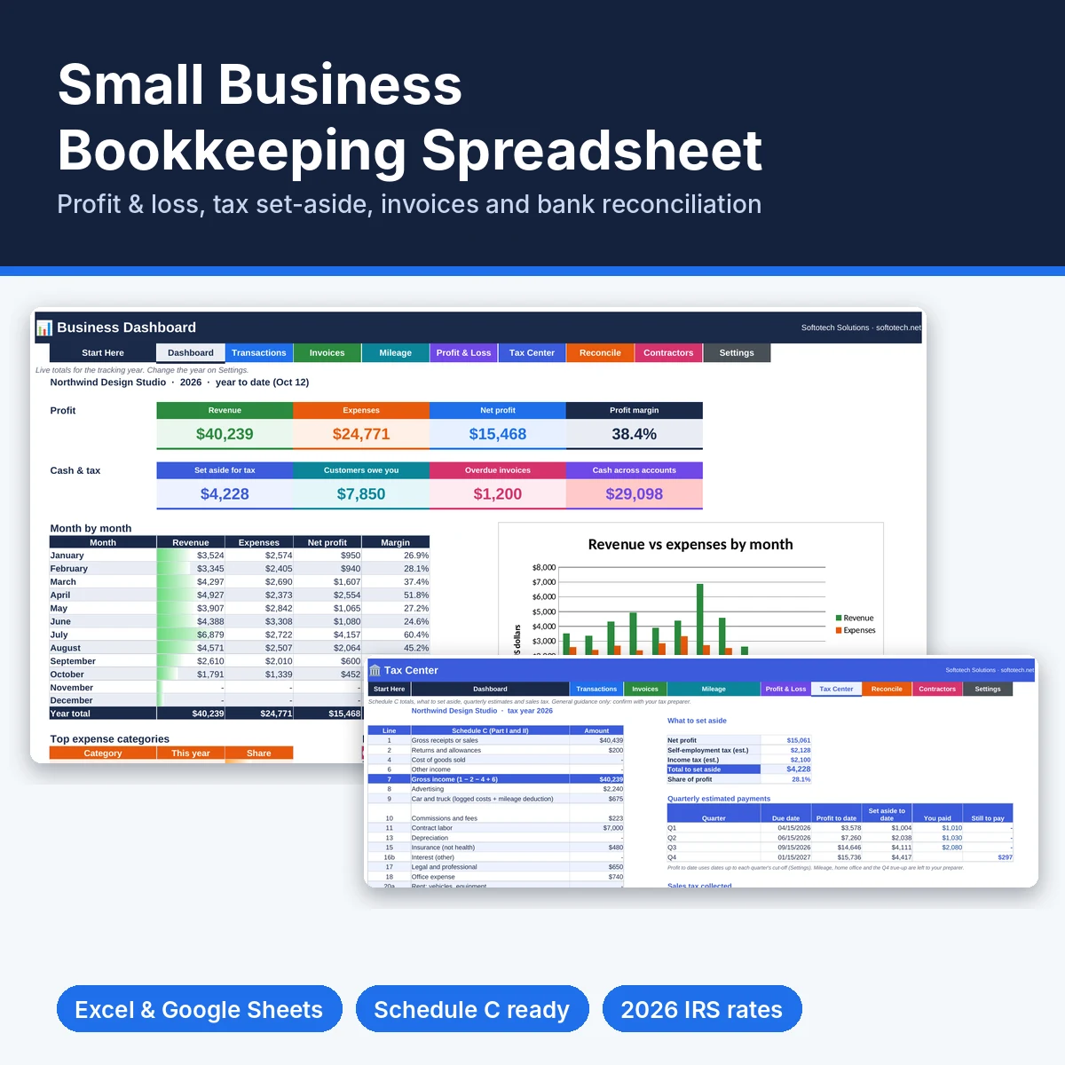 Small business bookkeeping spreadsheet cover showing dashboard and tax center