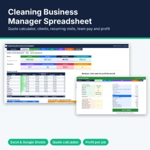 Cleaning business manager spreadsheet cover with dashboard and quote calculator