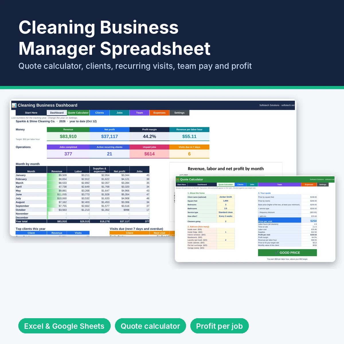 Cleaning business manager spreadsheet cover with dashboard and quote calculator
