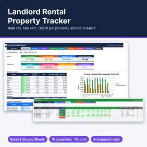 Landlord Rental Property Tracker Excel template cover showing dashboard and rent roll