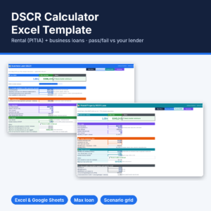 DSCR Calculator Excel template showing business and rental DSCR tabs