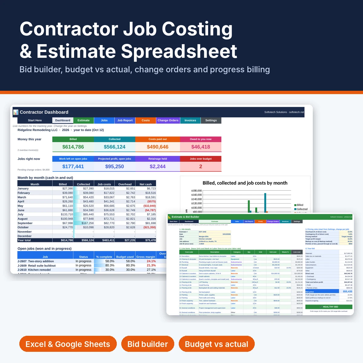 Contractor job costing and estimate spreadsheet for Excel and Google Sheets