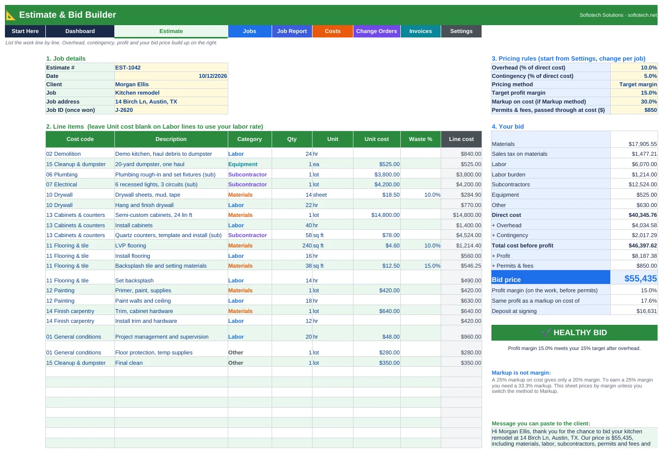 Estimate and bid builder with line items, overhead, contingency, profit margin and bid price