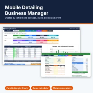 Mobile detailing business manager spreadsheet for Excel and Google Sheets