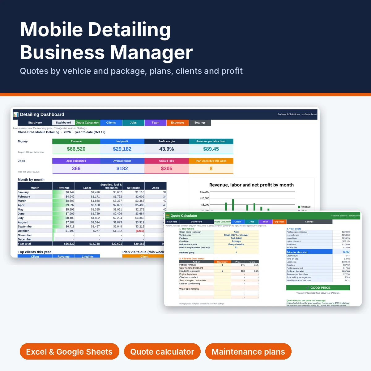 Mobile detailing business manager spreadsheet for Excel and Google Sheets
