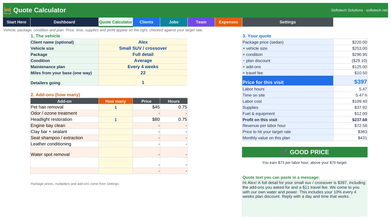 Car detailing quote calculator by vehicle size, package, condition and plan
