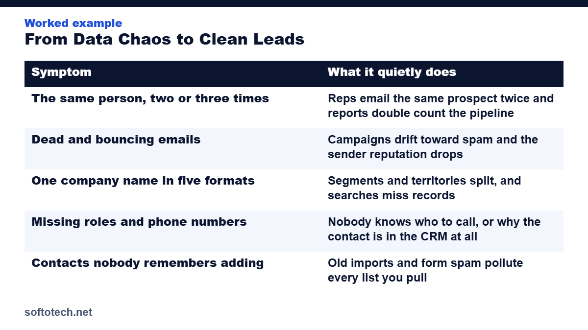 Worked example table from the guide: From Data Chaos to Clean Leads