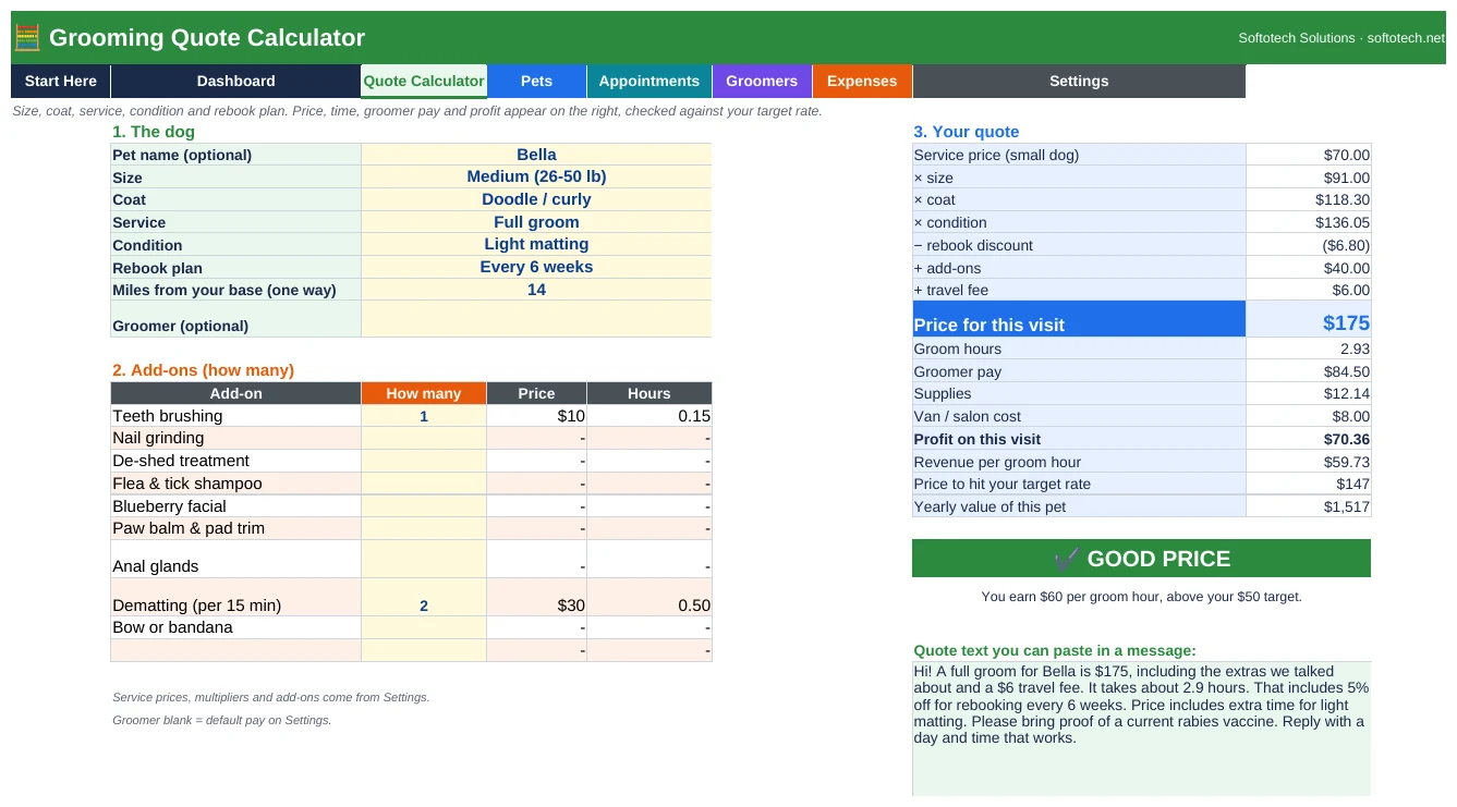 Dog grooming quote calculator by size, coat and matting in Excel