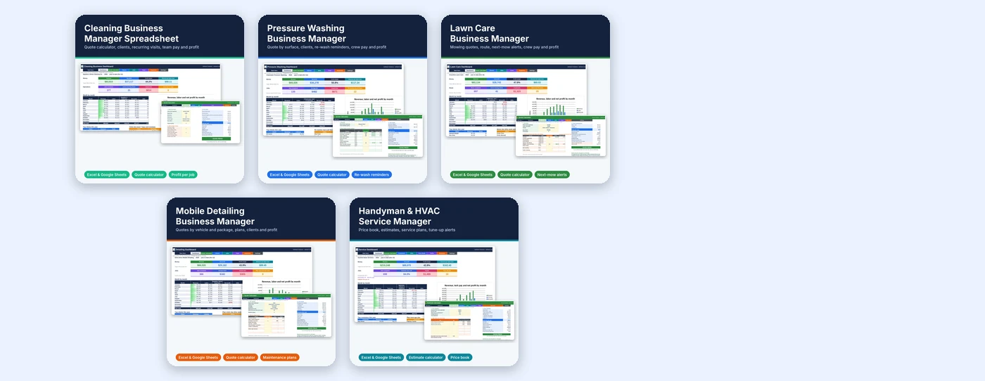 Home service business bundle of five Excel templates