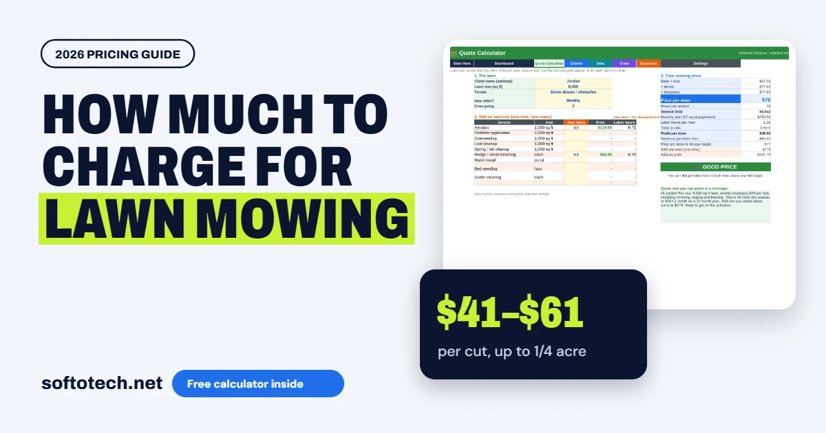 How much to charge for lawn mowing: $41–$61 per cut, up to 1/4 acre