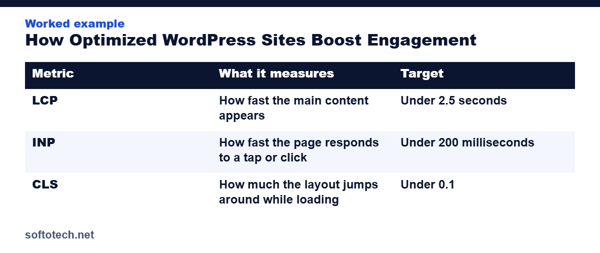 Worked example table from the guide: How Optimized WordPress Sites Boost Engagement