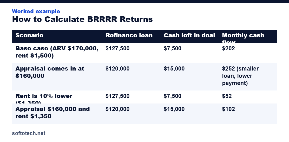 Worked example table from the guide: How to Calculate BRRRR Returns (Buy, Rehab, Rent, Refinance, Repeat)