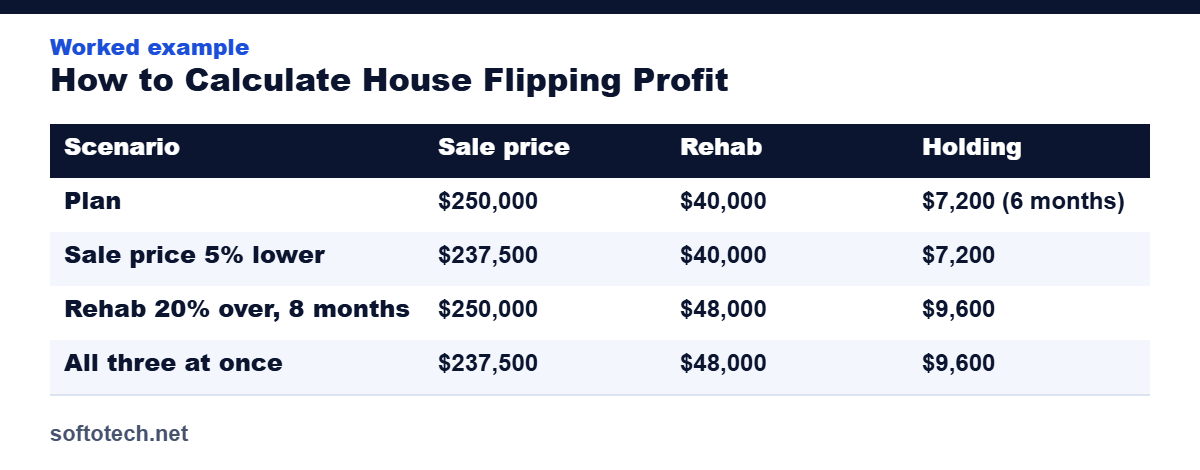 Worked example table from the guide: How to Calculate House Flipping Profit (and the 70% Rule)