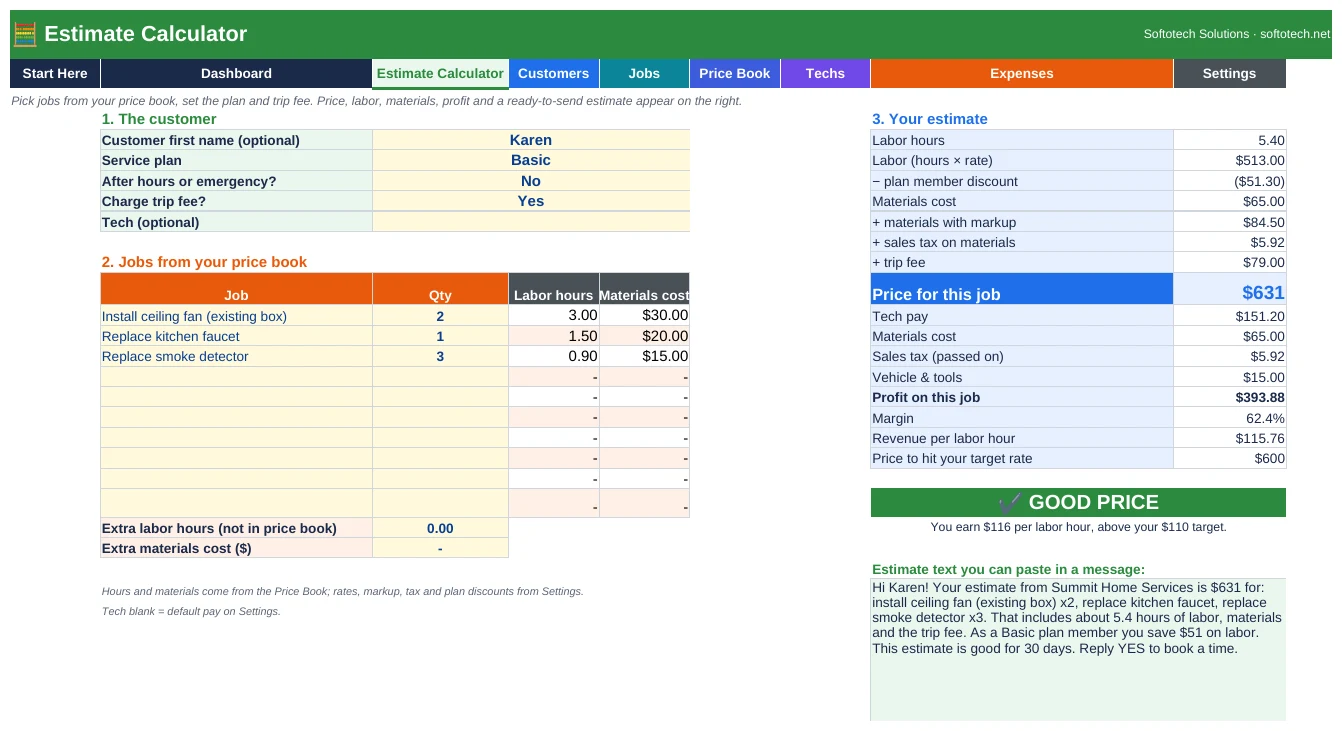 Handyman estimate calculator in Excel with plan discount and profit check