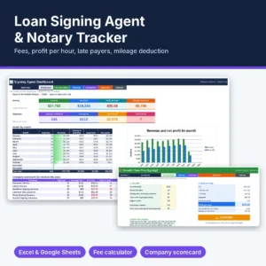 Loan signing agent and notary tracker spreadsheet for Excel and Google Sheets
