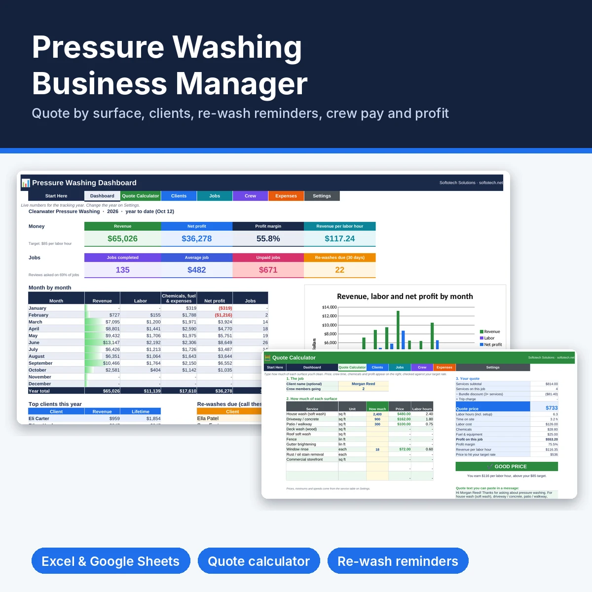 Pressure washing business manager spreadsheet for Excel and Google Sheets