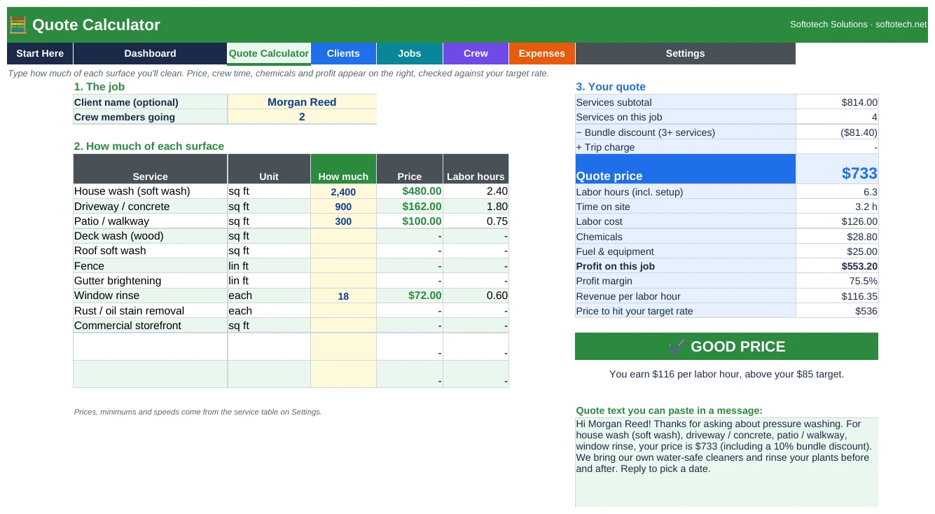 Pressure washing quote calculator priced by square foot with profit check