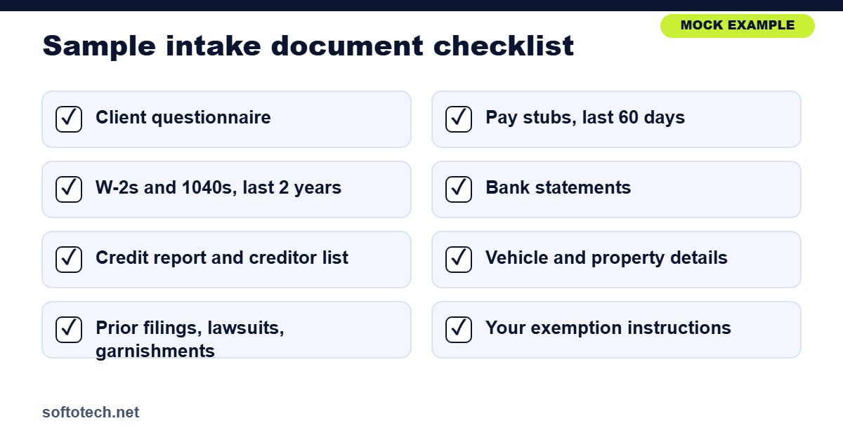Mock intake document checklist for a bankruptcy case