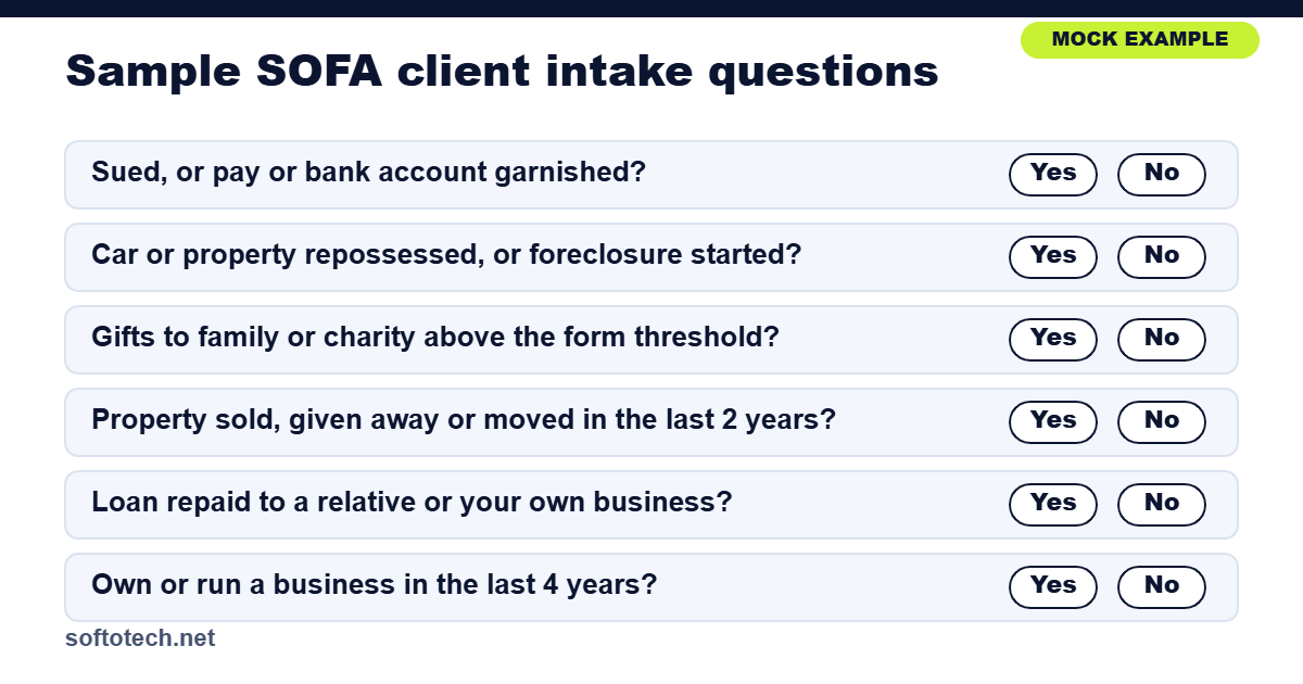 Mock client intake questions for the Statement of Financial Affairs