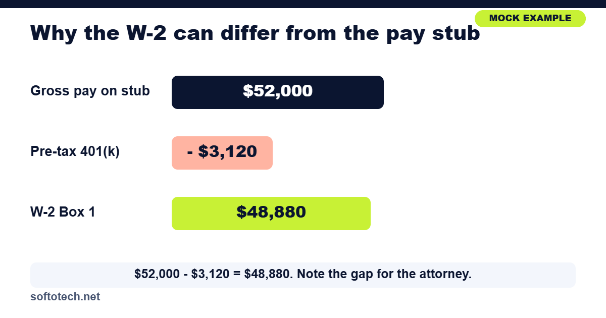 Worked example of W-2 Box 1 versus gross pay with a pre-tax 401(k)